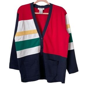Vintage Talbots Colorblock Cardigan Womens Small Navy Red 90s Pop Preppy Cotton
